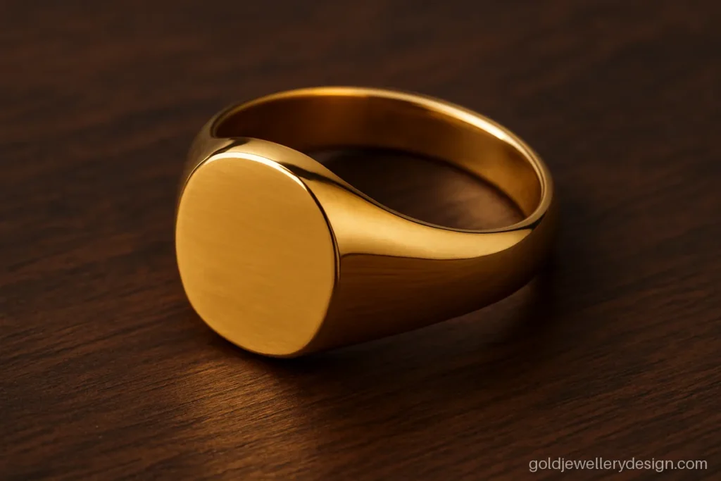 Gold ring design for male with a smooth oval signet top