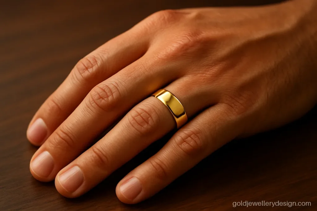 Plain gents gold ring design for Indian male, a wide comfort fit band