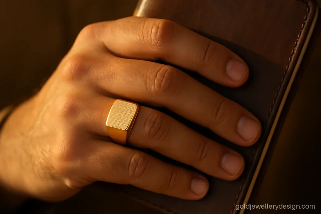 Modern gold ring design for men with a rectangle top and fine line texture
