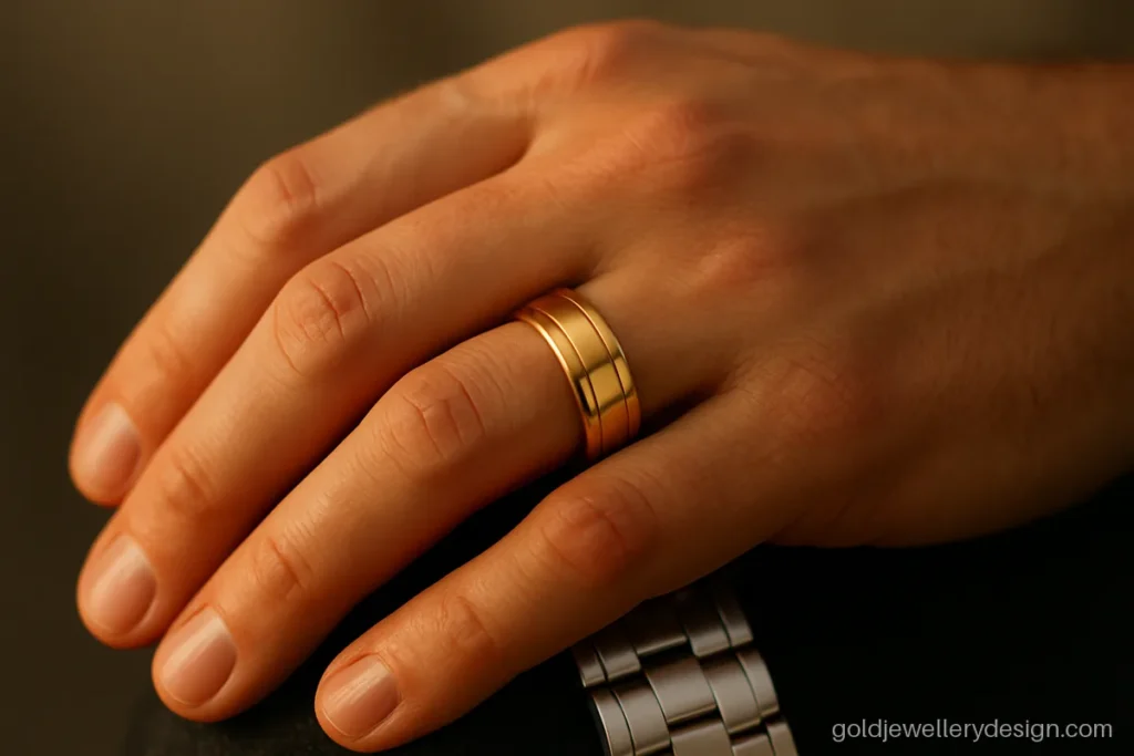 Gents ring gold design with joined rose and yellow gold bands