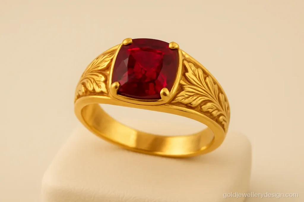 Male gold ring design with a cushion cut ruby and strong shoulders
