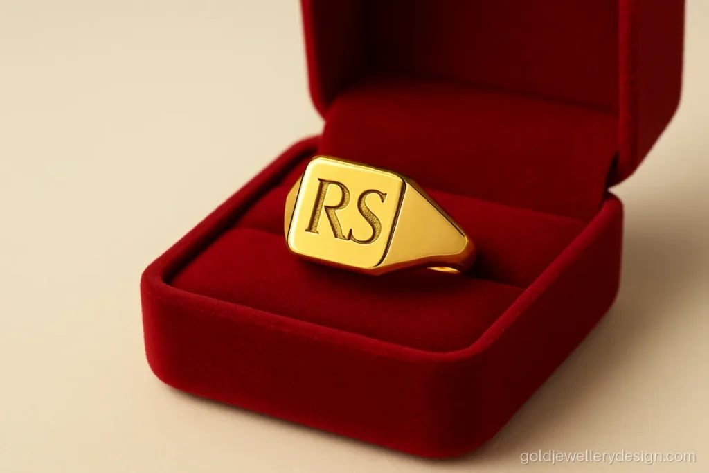 Gold ring name design for male with a square signet and engraved initials