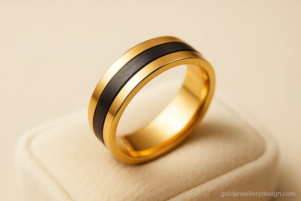Gold ring design for boys with a black rhodium stripe through yellow gold
