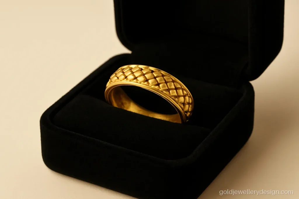 Gold men ring design with a woven basket pattern band
