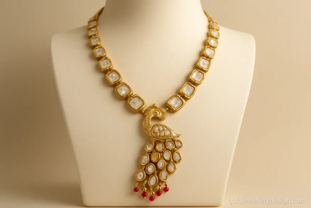 Bridal long gold necklace design with kundan-look stones and a peacock pendant on a bust