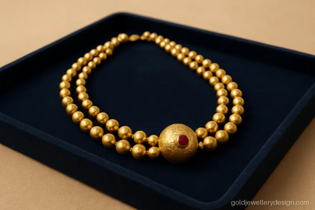 Gold matar mala design with two strands and a textured bead centre