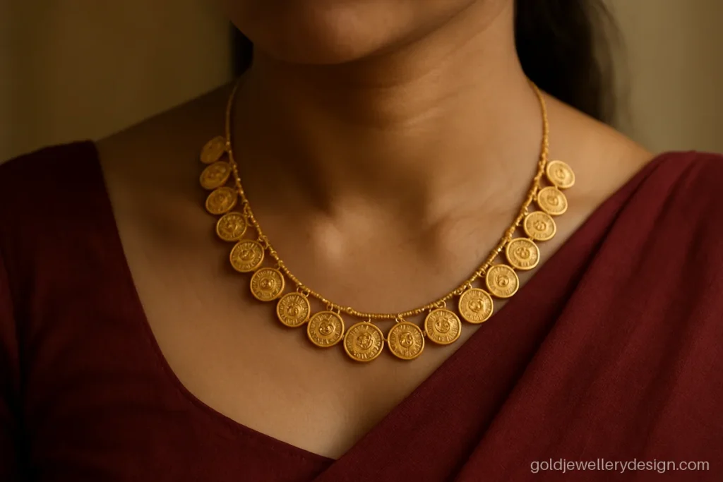 Gold mala design with small kasu style coins worn with a cotton saree