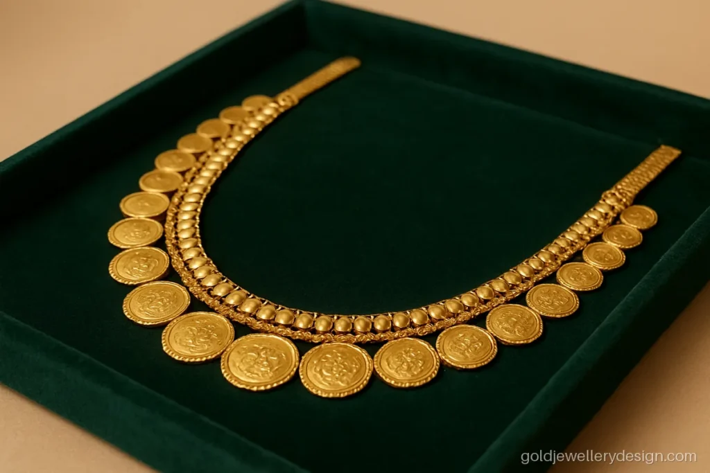 Double row coin gold haar design with small and large coins on a velvet tray