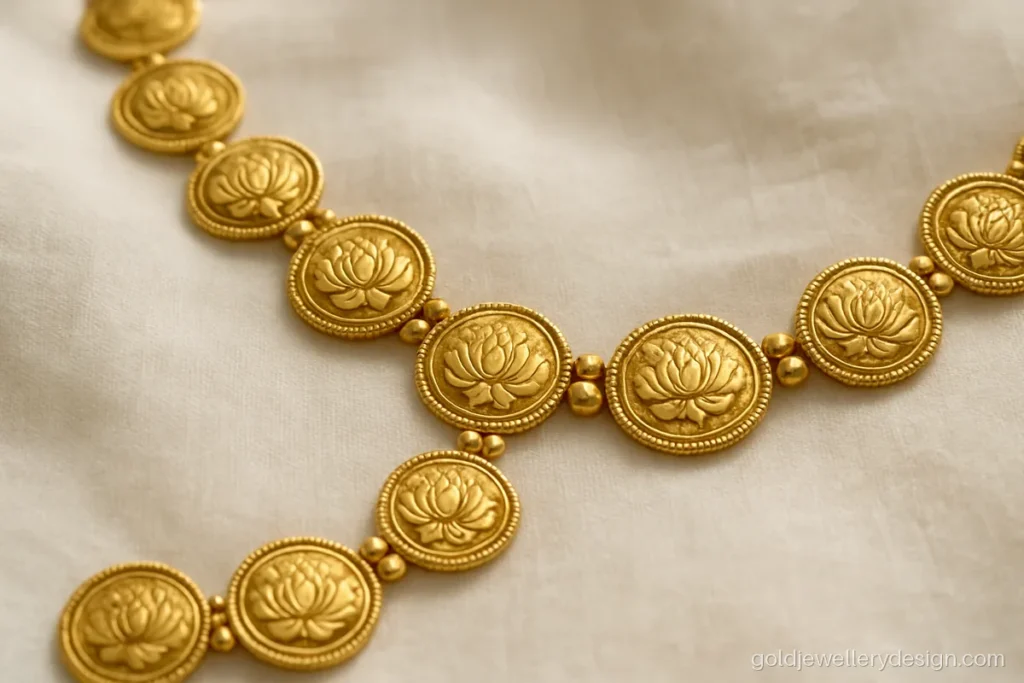 Laxmi haar gold design with round coins showing lotus patterns on a long chain