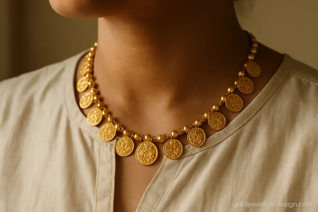 Indian gold haar design with small coins worn with a festive silk kurta