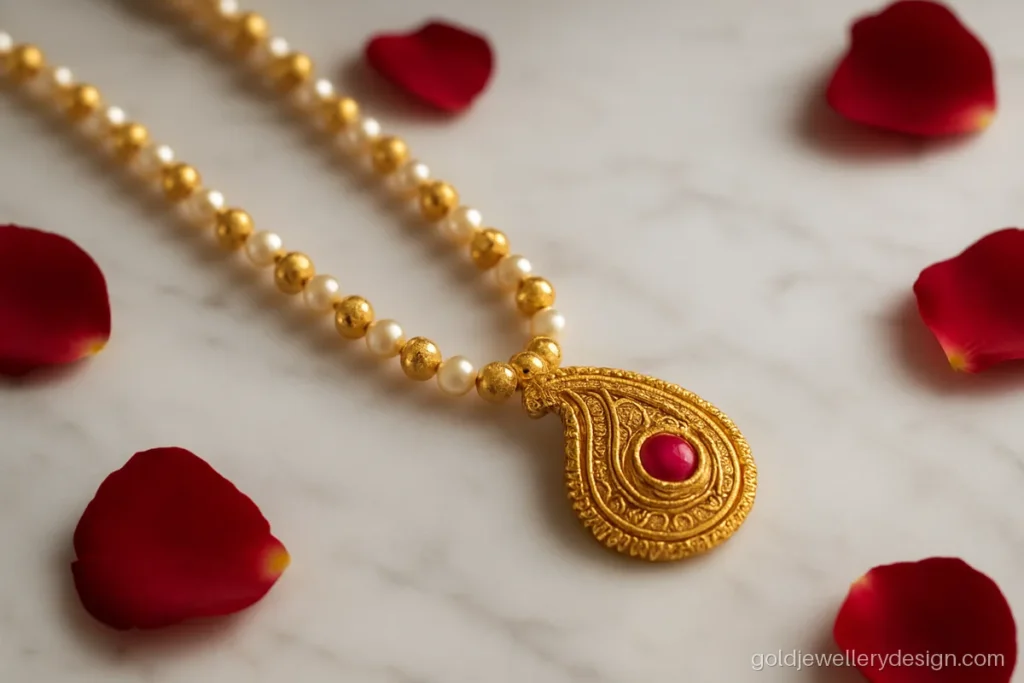 Long gold necklace design with alternating pearls and gold beads ending in a paisley pendant