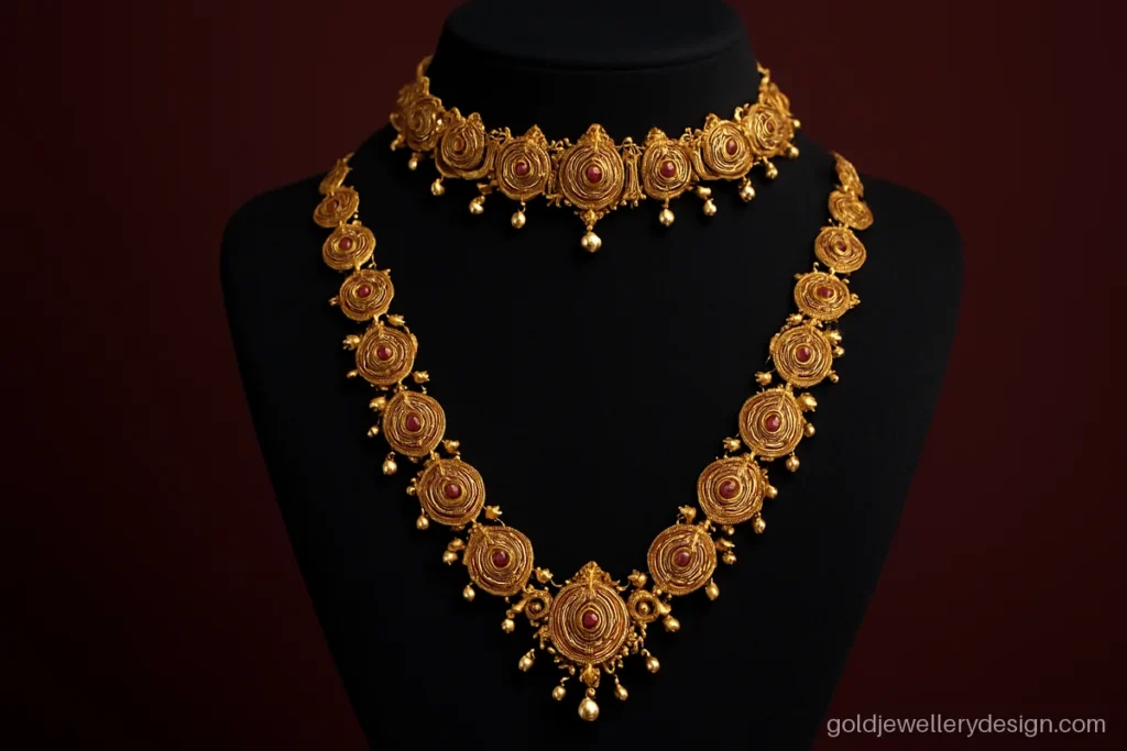Gold rani haar design with mango and lotus panels on a jewellery bust