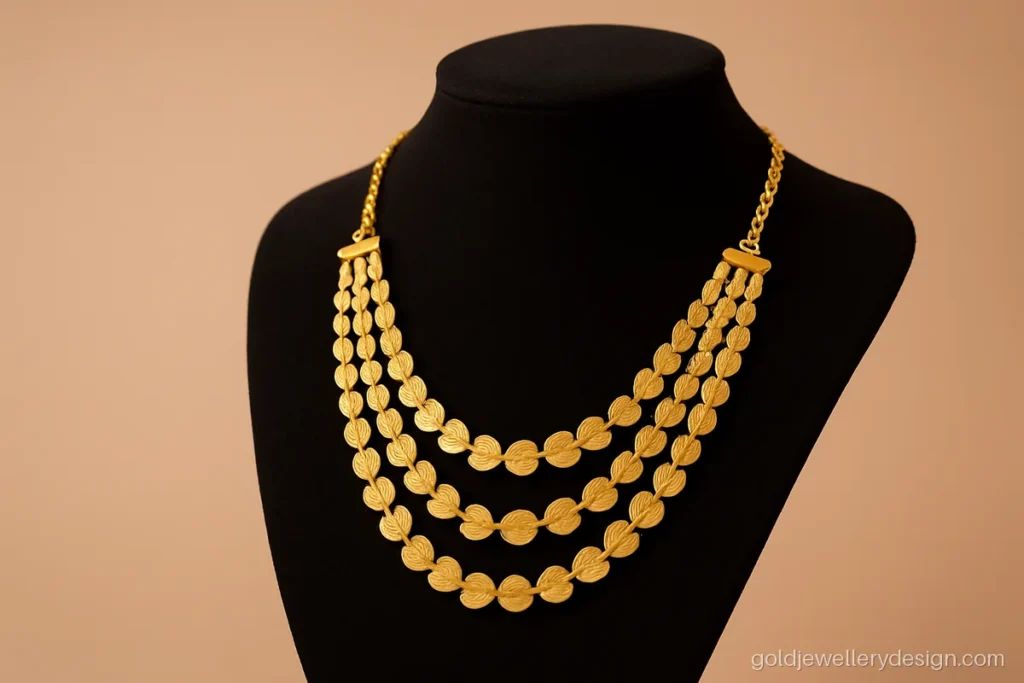 Light weight gold sitahar design with three strands and small flat leaves