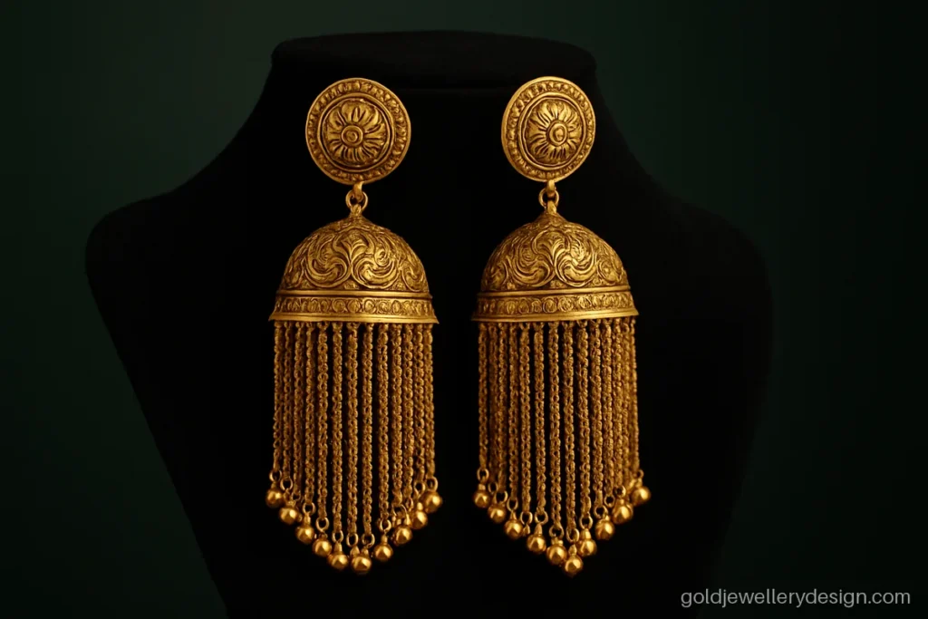 Big jhala design gold earring with many hanging chains and ghungroo beads