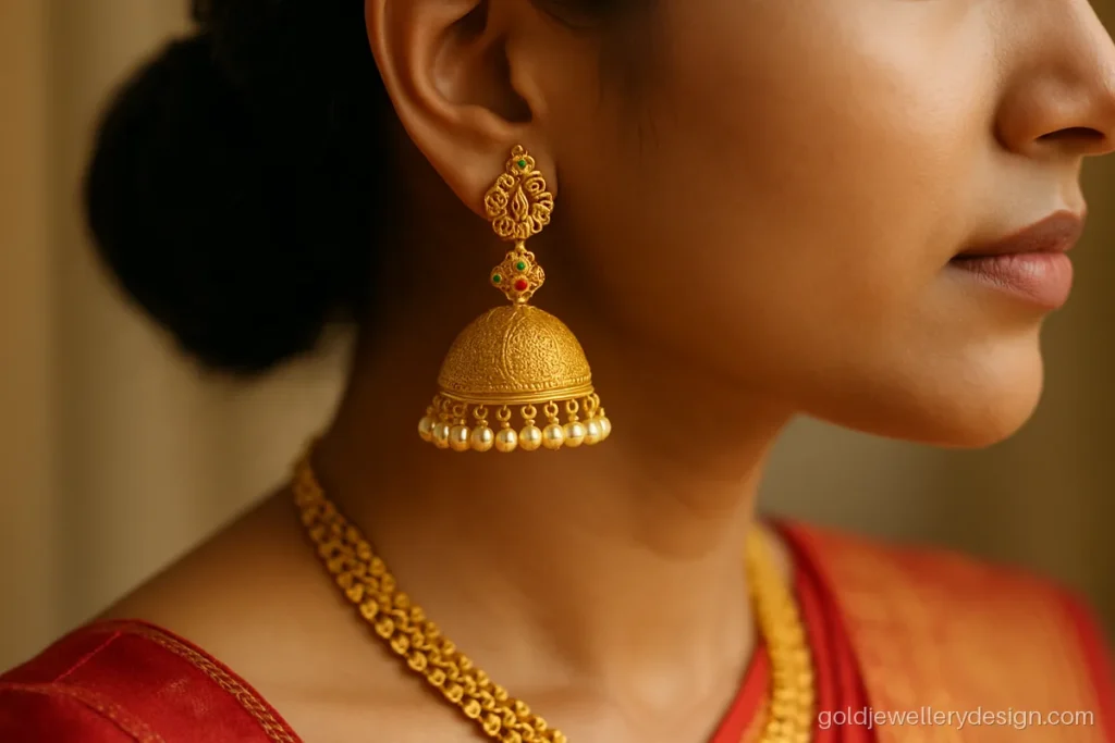 Bridal gold jhumka design with peacock stud and two rows of small pearls
