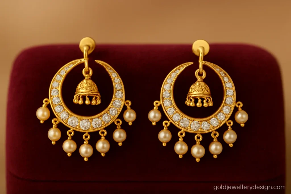 Chand bali design gold with crescent shape and small jhumki hanging below