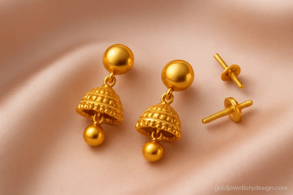 Small gold jhumka design with mini bell, smooth edges and a screw back