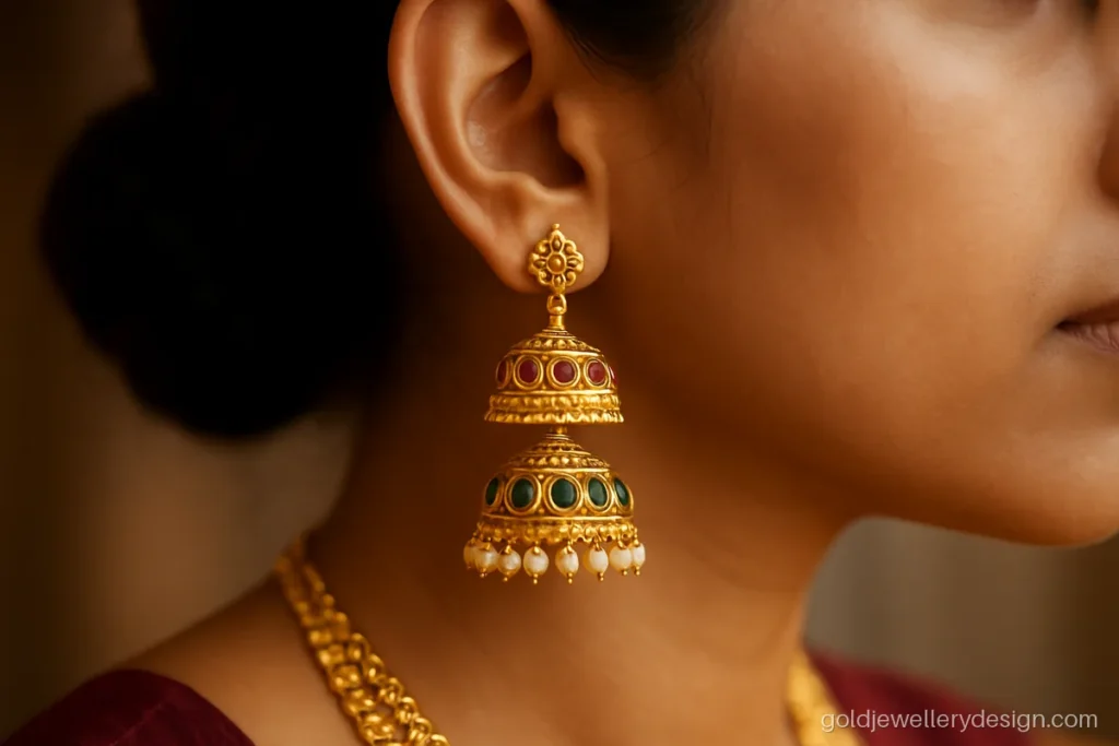 Layered gold earrings jhumka design with ruby top bell and emerald lower bell