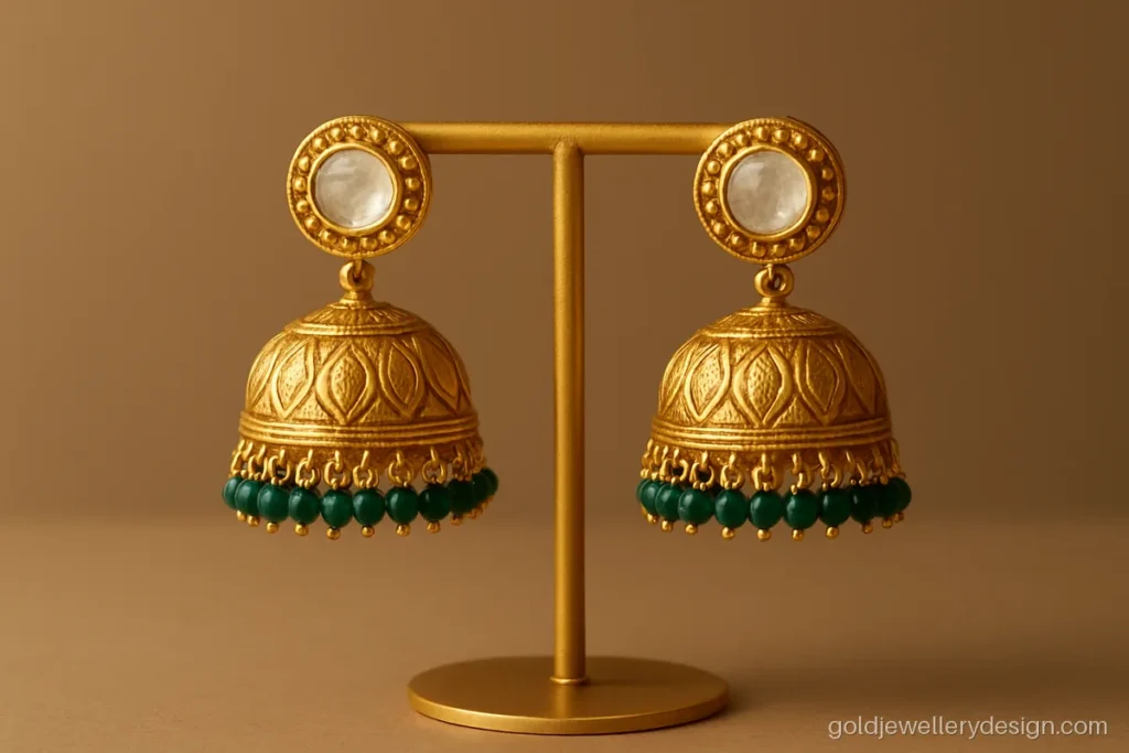 Stylish bridal gold jhumka design with polki look uncut stones and emerald beads