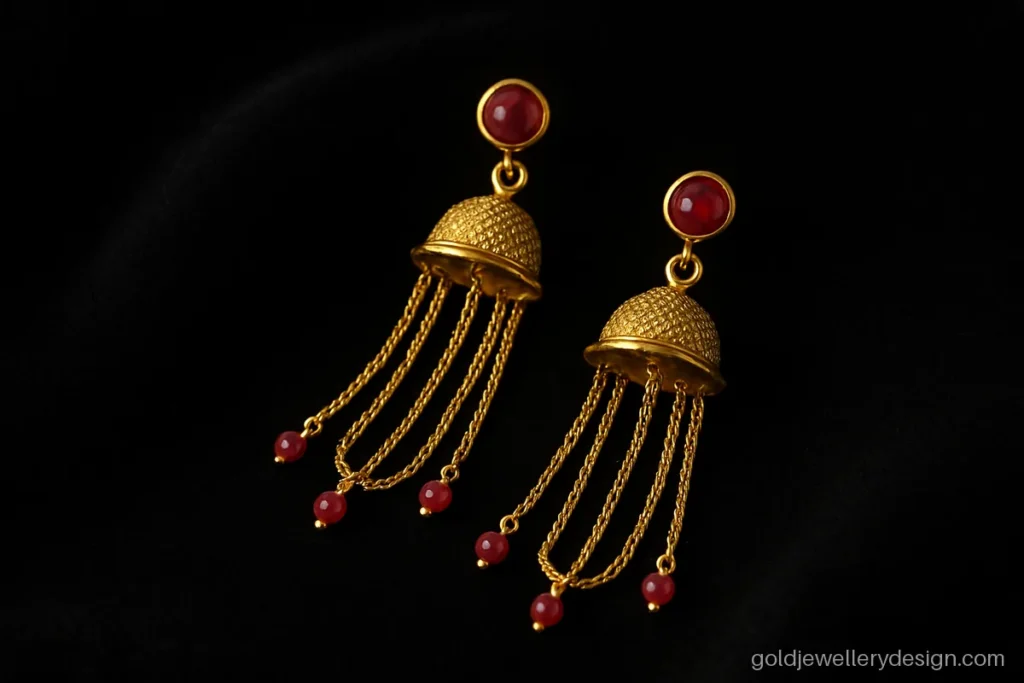 Stylish gold earring jhala design with layered loops of chain and red stones