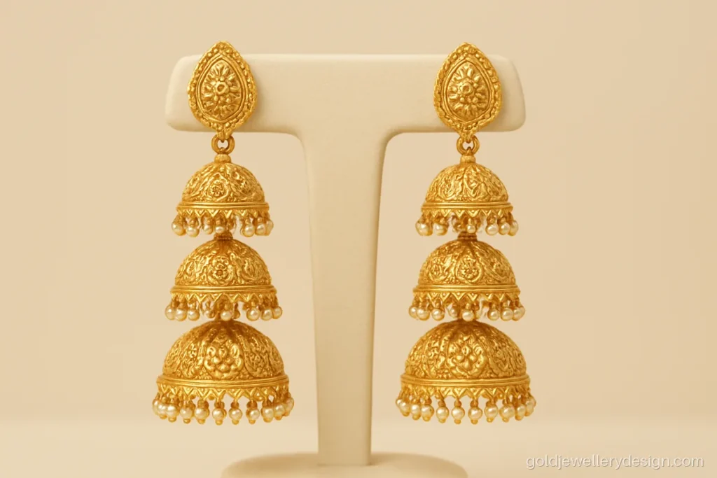 3 talla jhumka design gold with three stacked bells growing larger toward the bottom
