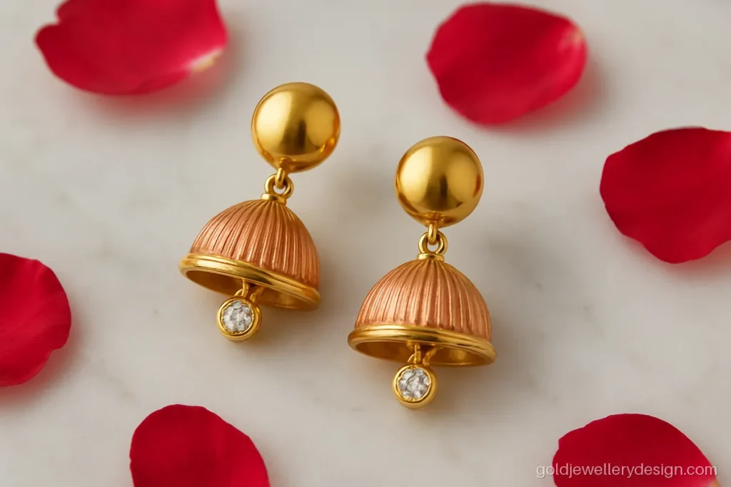 Two tone gold jhumka design new model with rose gold bell and yellow gold stud