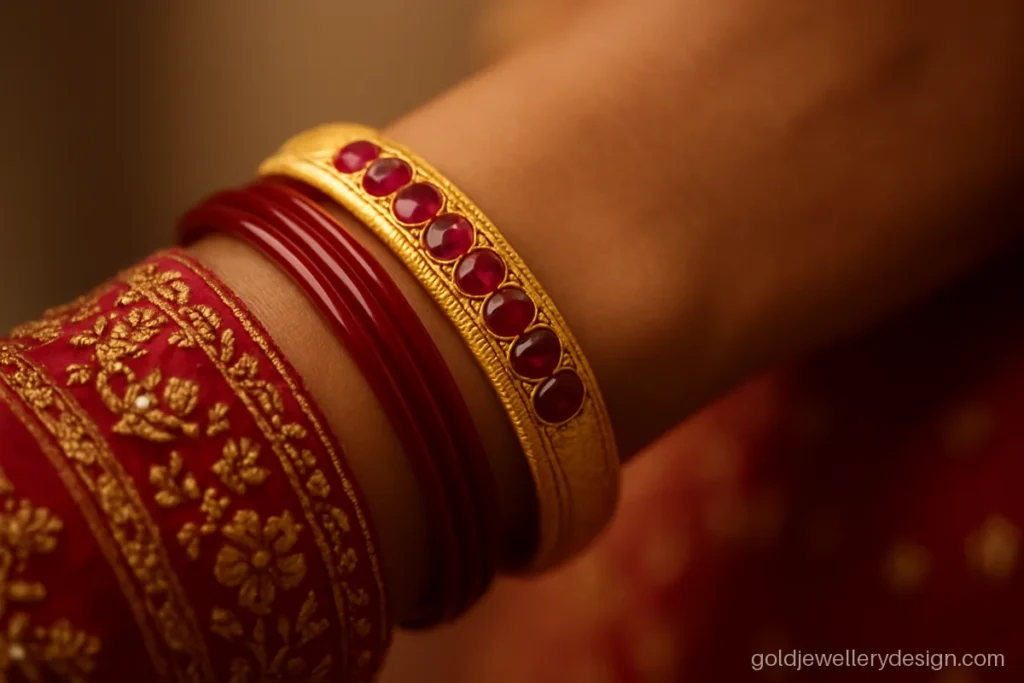 Bridal gold bala design with thick rounded band and a ruby stone panel
