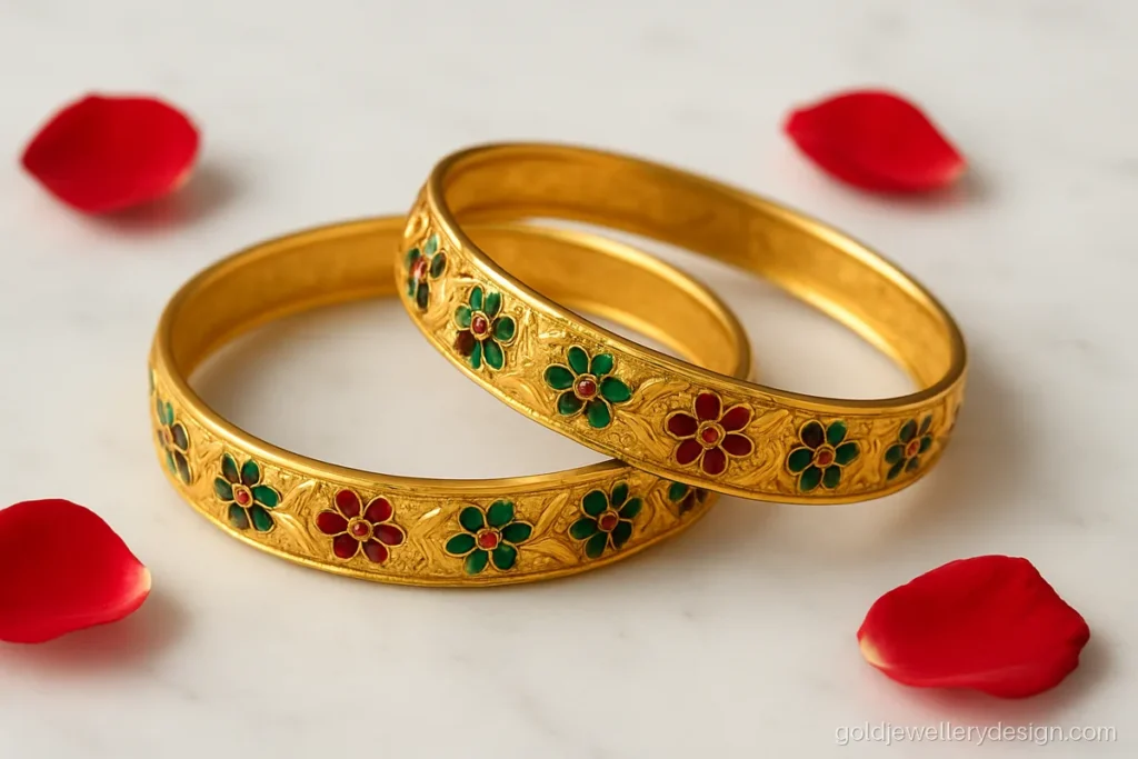 Fancy gold kangan design with green and red meenakari enamel