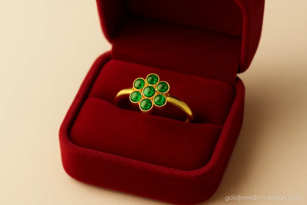 Unique green gold stone ring design with small emerald look stones in a cluster