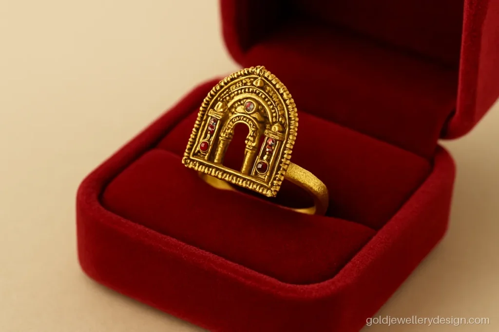 Gold finger ring design with a long antique temple arch top