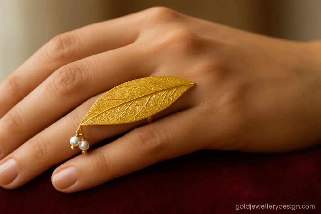Long ladies ring design gold with a leaf top and tiny pearl drops