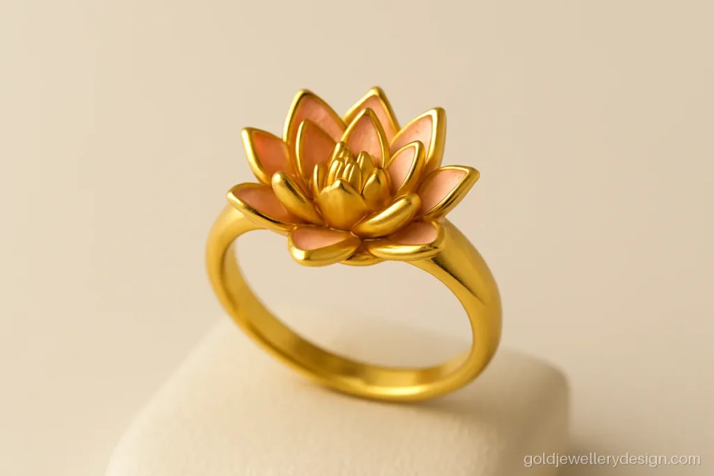 Lotus gold flower ring with soft pink enamel on the petal tips