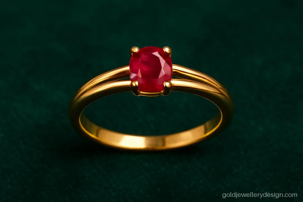 Gold ruby stone ring design with one oval ruby in four prongs