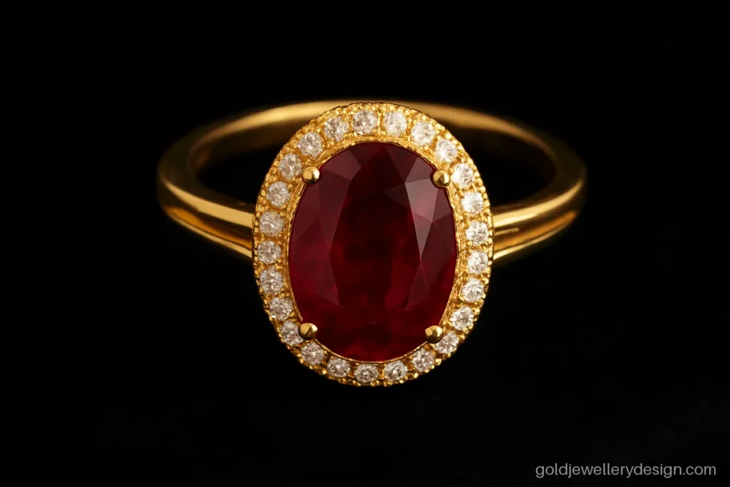 Women gold ring design with a ruby centre and a halo of white CZ