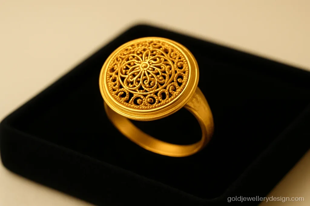 3 gram gold ring design for girl with a round filigree dome top