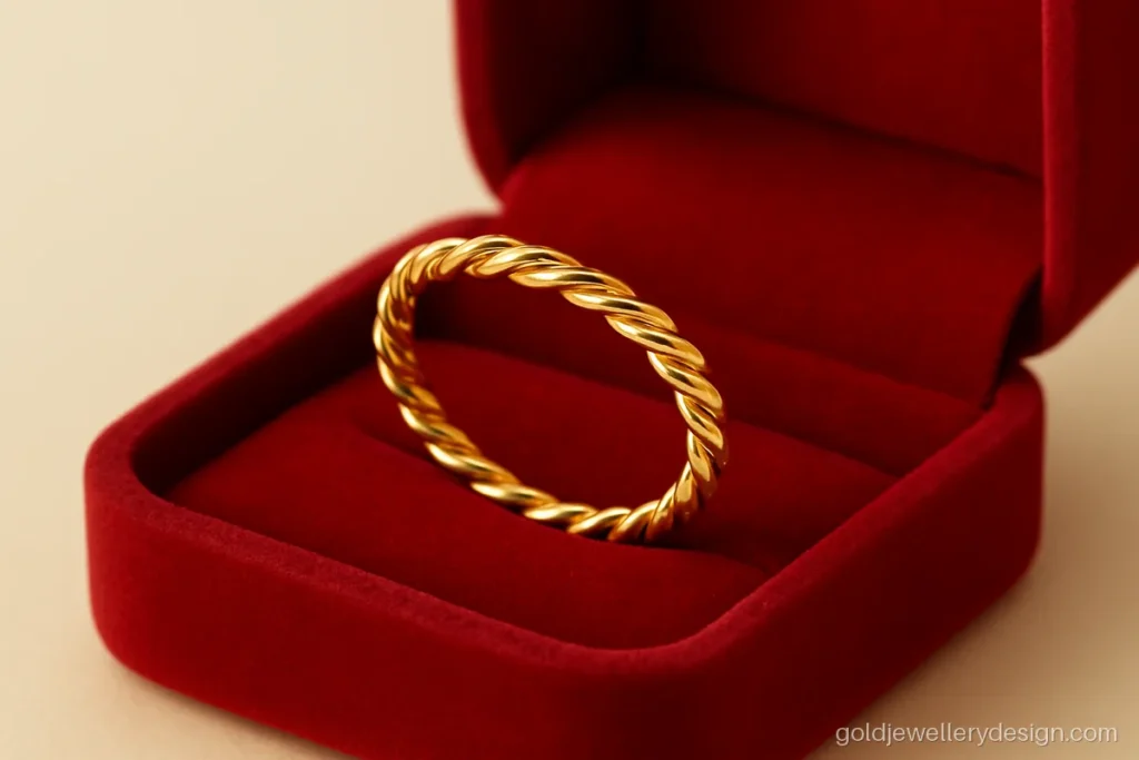 Women's gold ring design with a twisted rope pattern, light and easy to wear