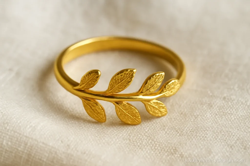 2 gram gold ring design for female with a small leaf vine across the top