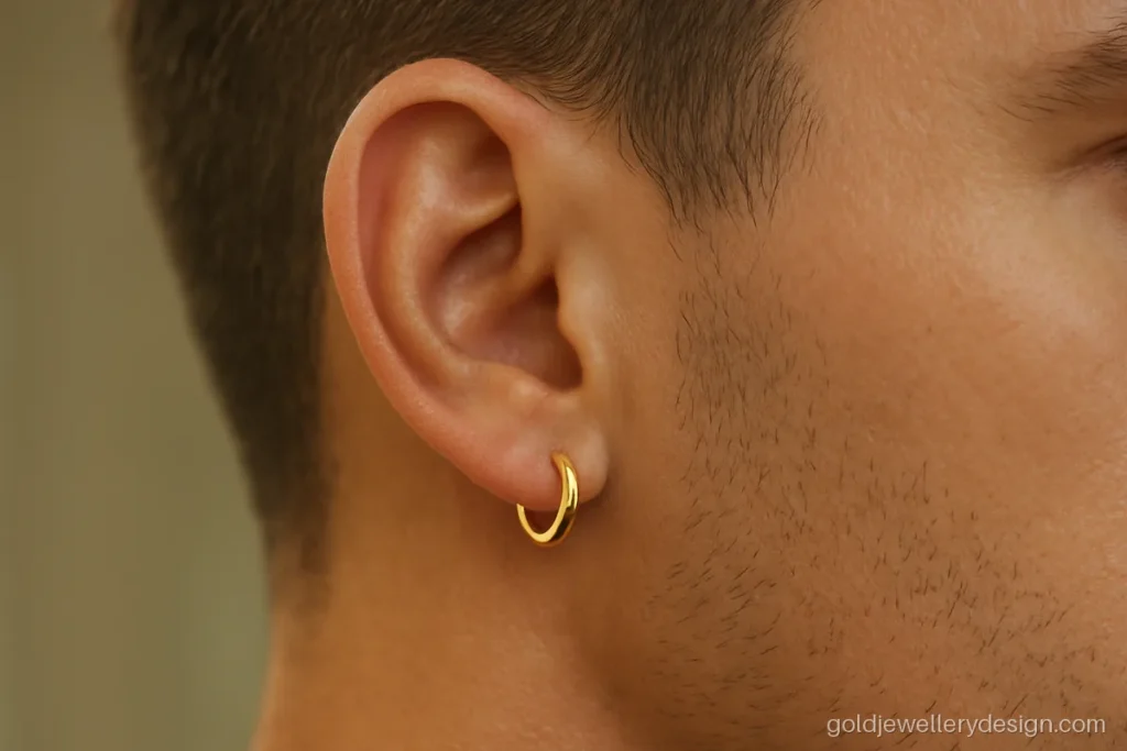 Men earrings gold design with a small plain bali hoop worn on one ear