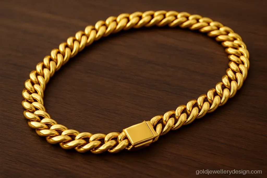 Mens gold chain design in a thick cuban link with a box lock clasp