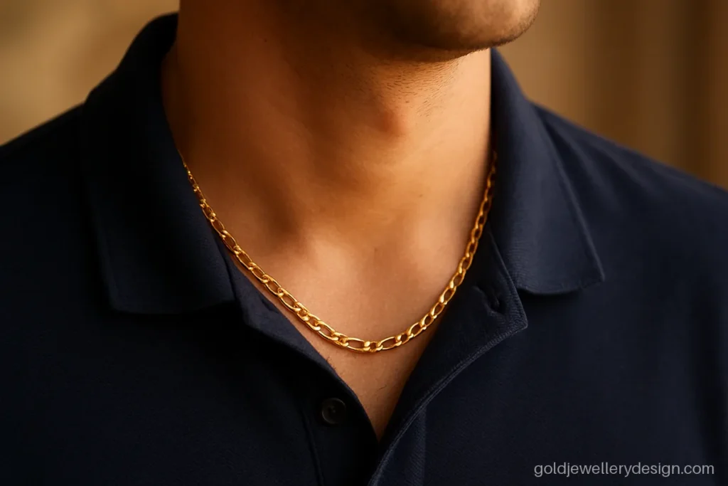 Male gold chain design in a slim figaro link worn with a polo collar