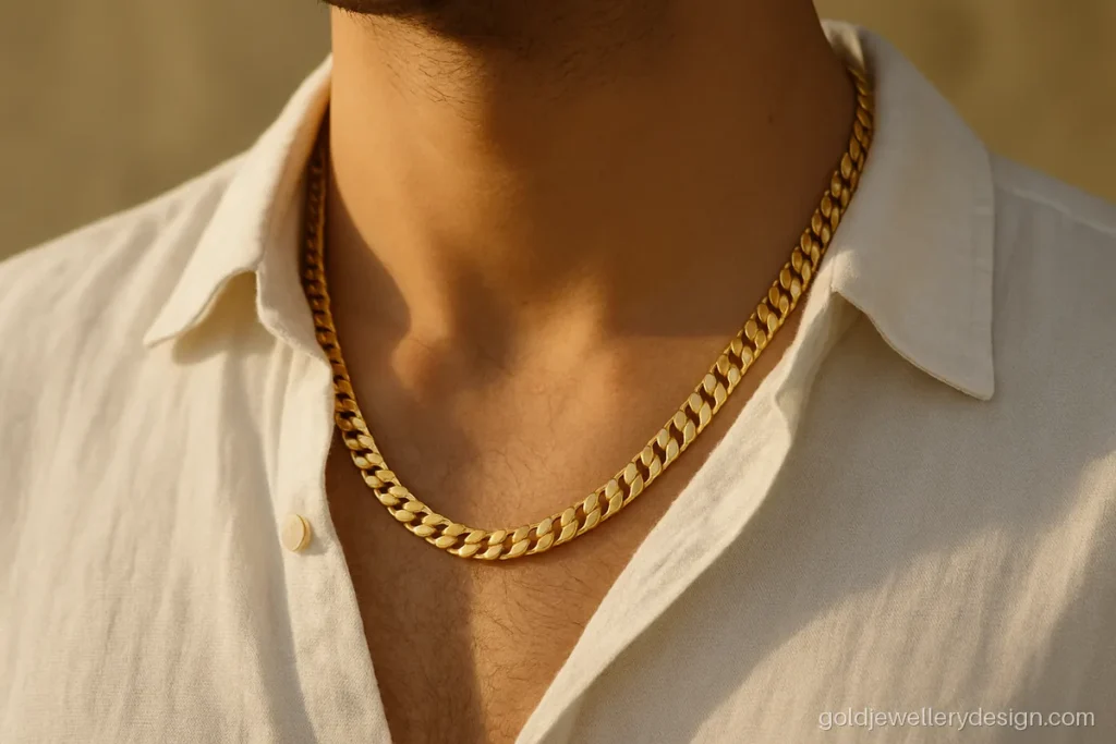 Curb link gold chain for men design, flat and wide, worn over a linen shirt