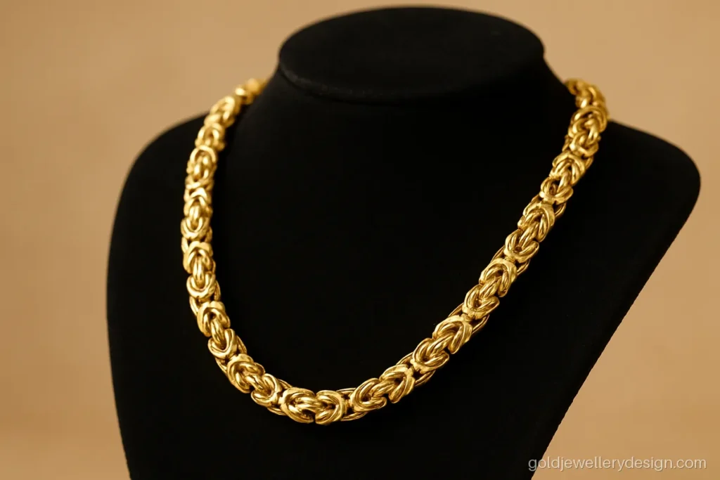 Heavy byzantine link gold chain for men with a dense woven texture