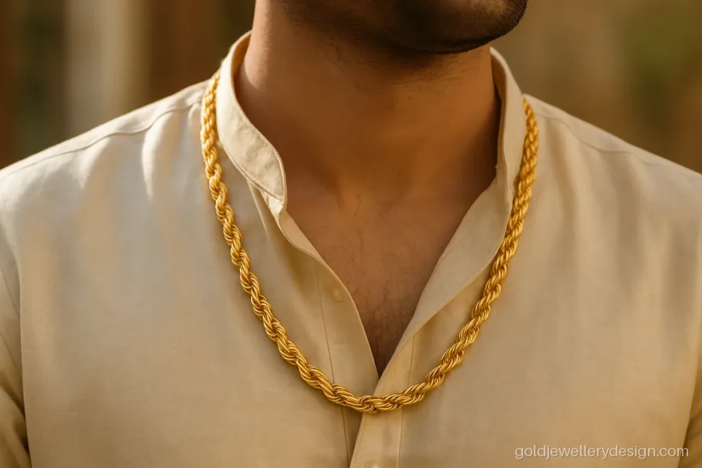 Best gold chain design for men at weddings, a heavy 6 mm rope over a kurta