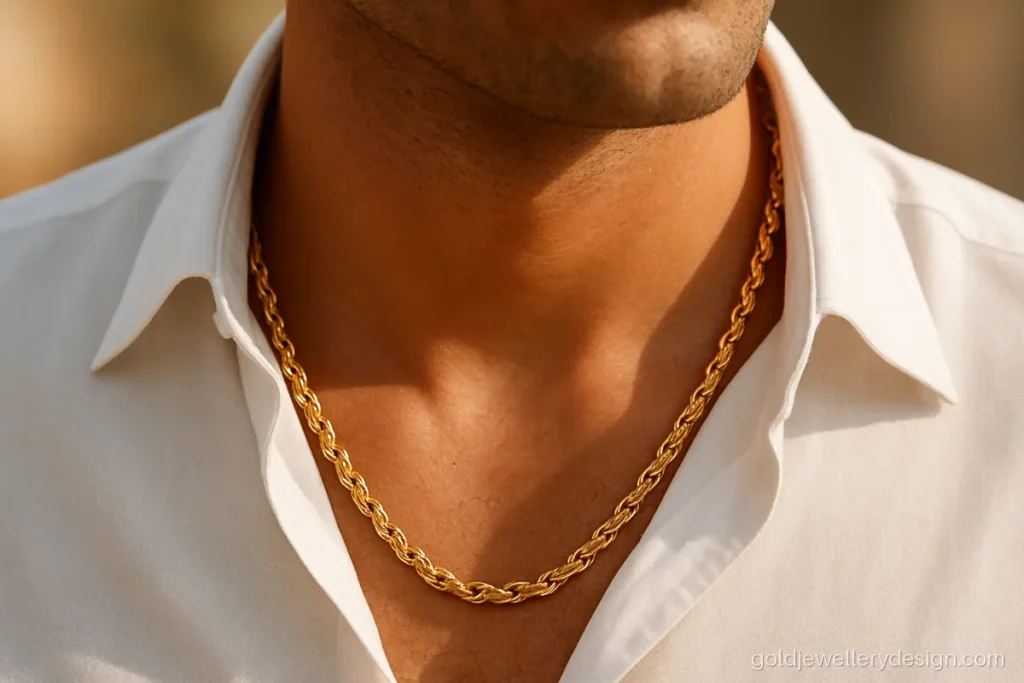Men gold chain design in a 3 mm rope link worn with an open collar shirt