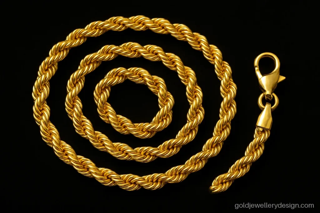 Gold chain design for men in a 4 mm rope link with a bright polish