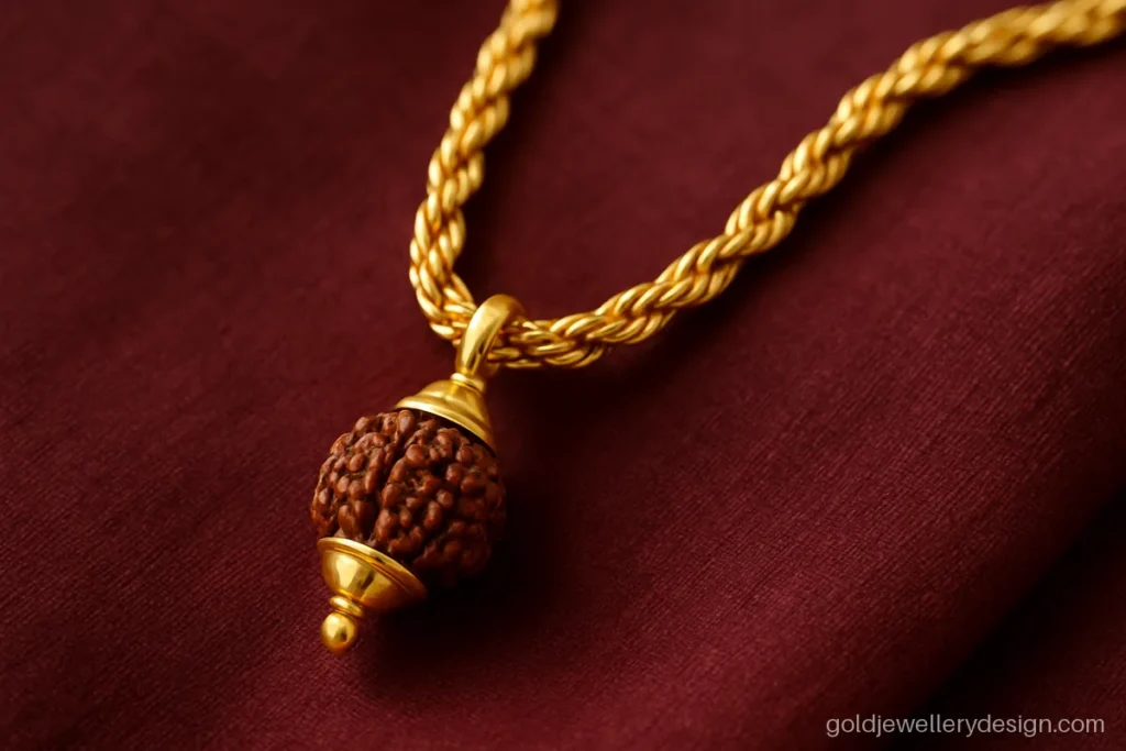 Rope gold chain with a single gold capped rudraksha bead pendant
