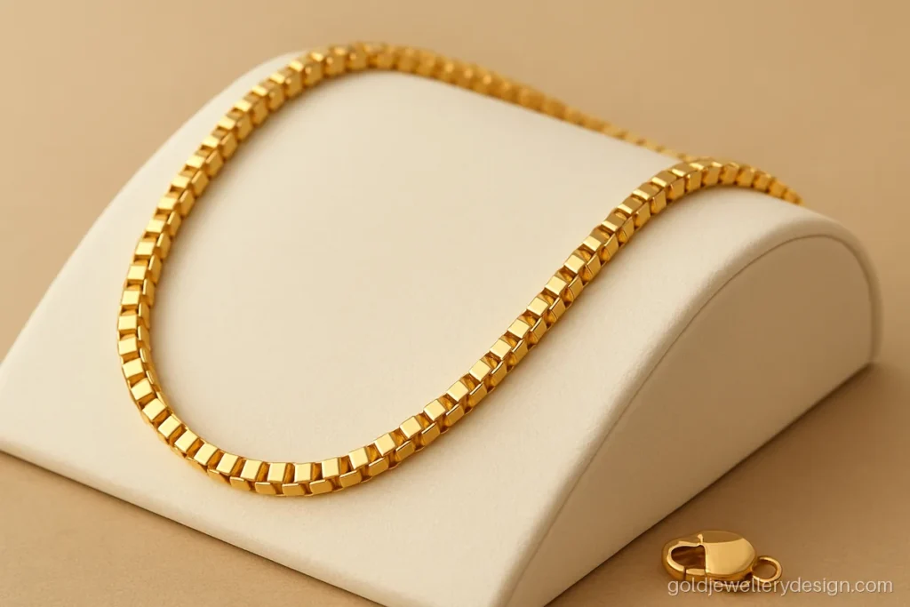 Gents gold chain design in a 4 mm square box link with lobster clasp