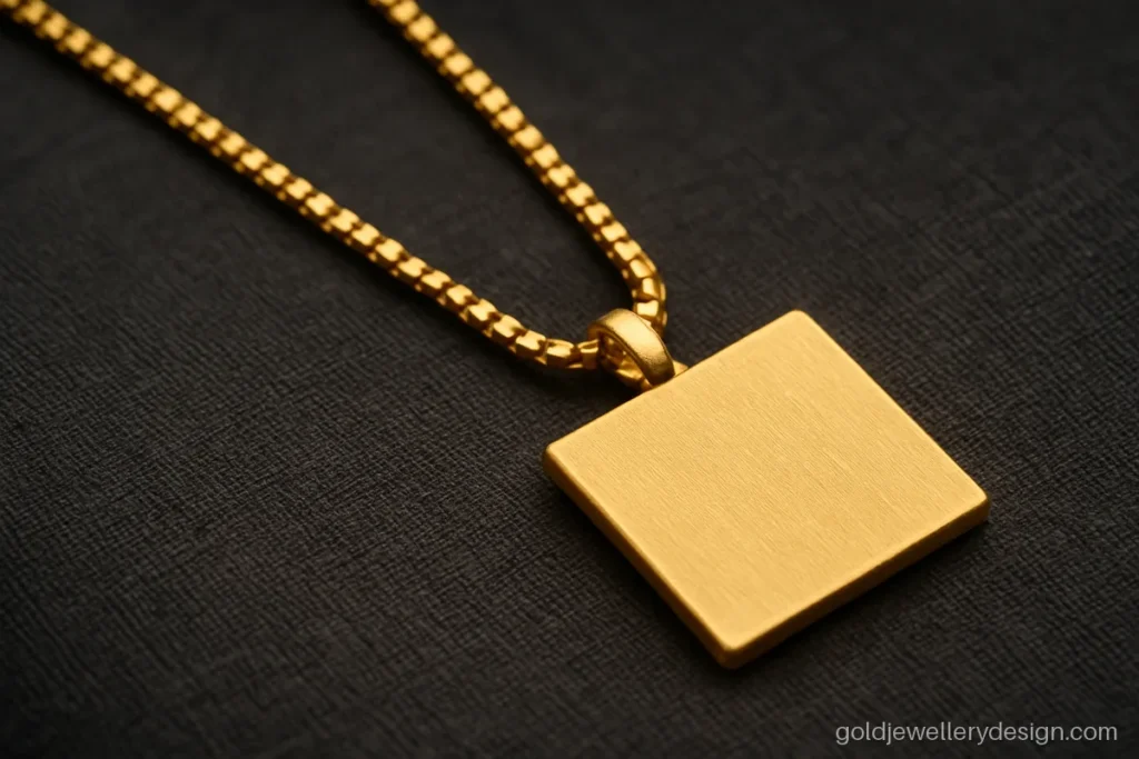 Box link gold chain for men with a plain brushed square tag pendant
