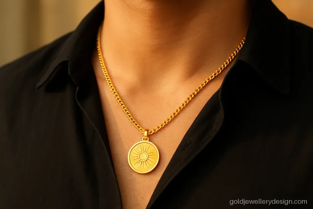 Latest gold chain design for men with a small sun ray coin pendant