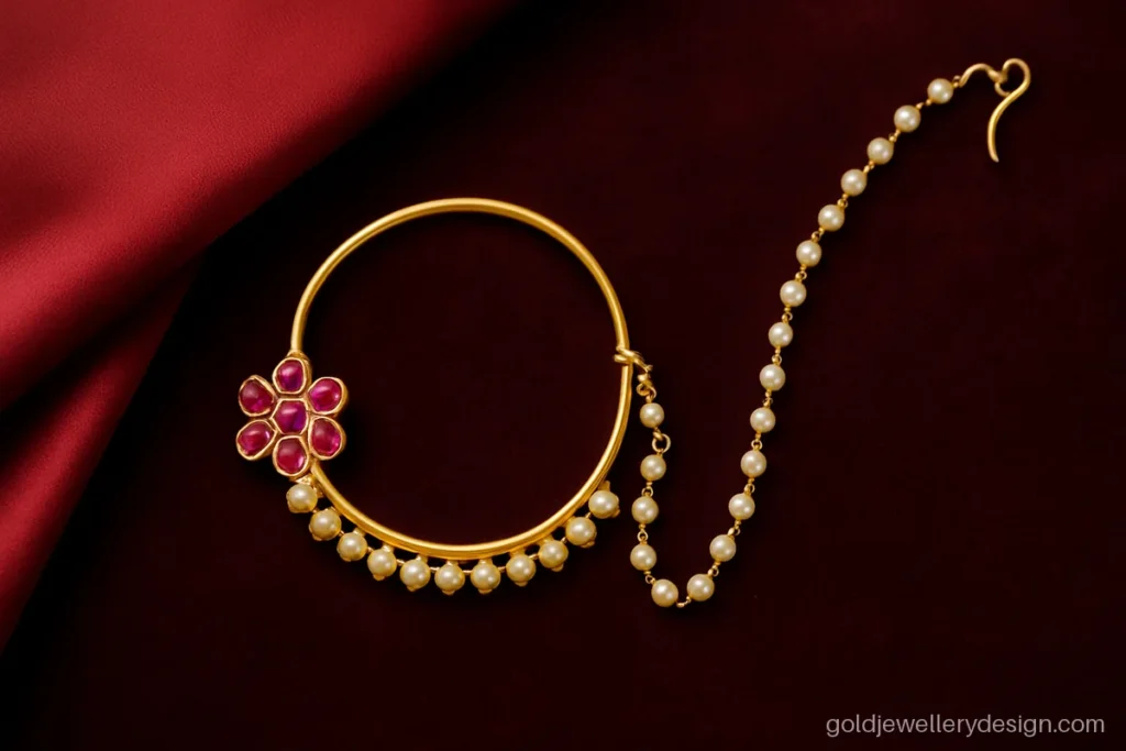 Bridal nath design gold with large ring, ruby cluster and pearl chain